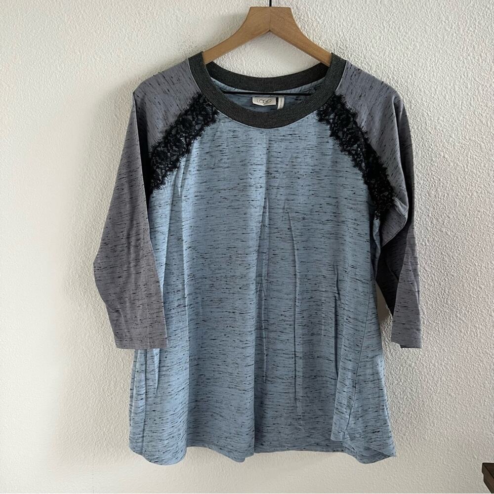 LOGO by Lori Goldstein Heathered Blue Gray Lace Trim Top Blouse Shirt US Large